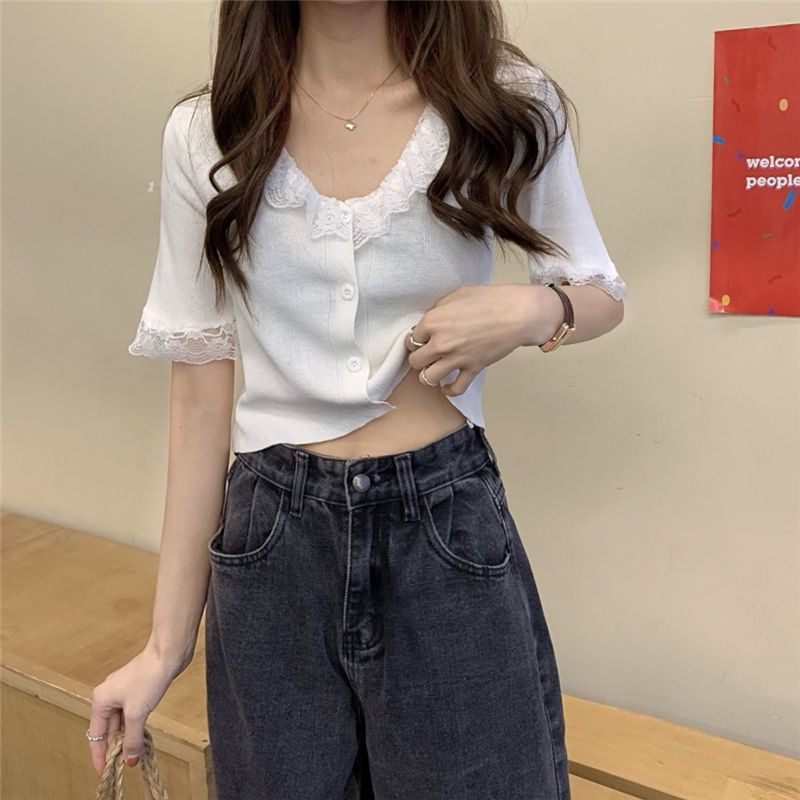 Button Knit Top with Lace Trim and V-Neck