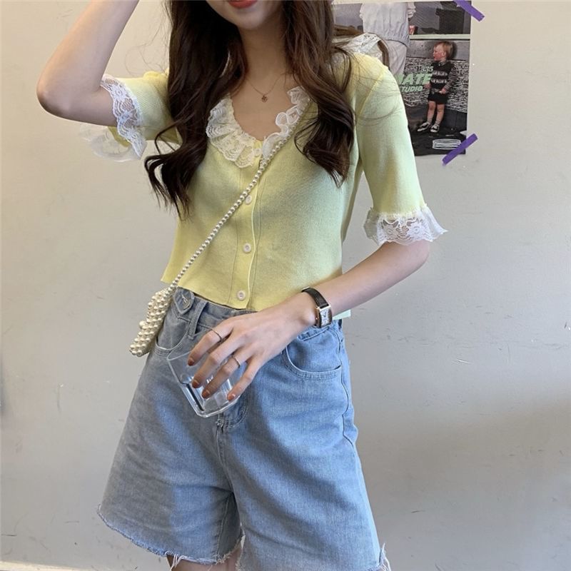 Button Knit Top with Lace Trim and V-Neck