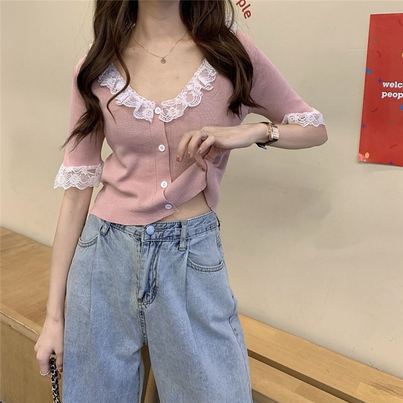 Button Knit Top with Lace Trim and V-Neck