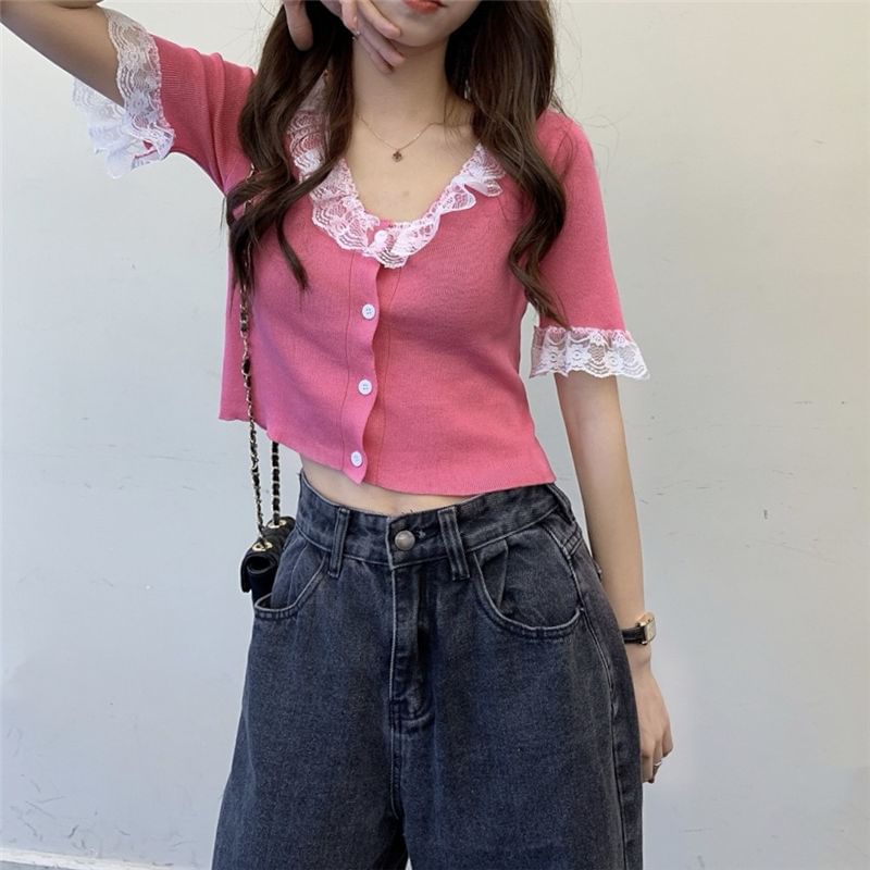 Button Knit Top with Lace Trim and V-Neck