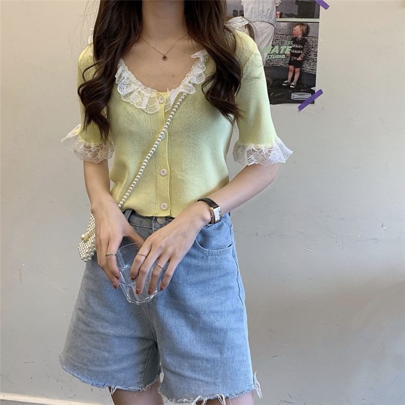 Button Knit Top with Lace Trim and V-Neck