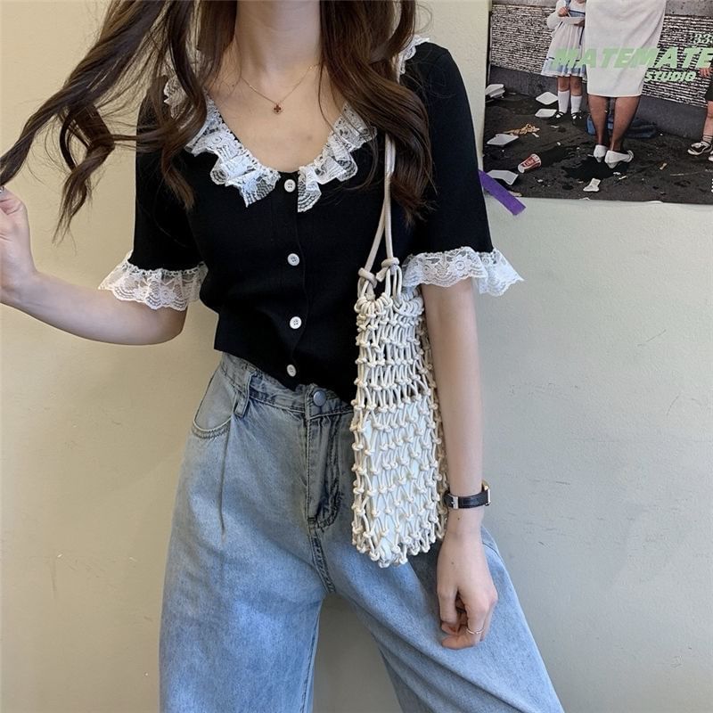 Button Knit Top with Lace Trim and V-Neck
