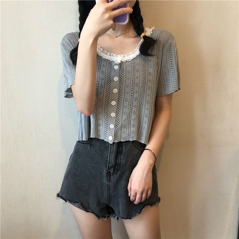 Pointelle Crop Knit Top with Lace Trim