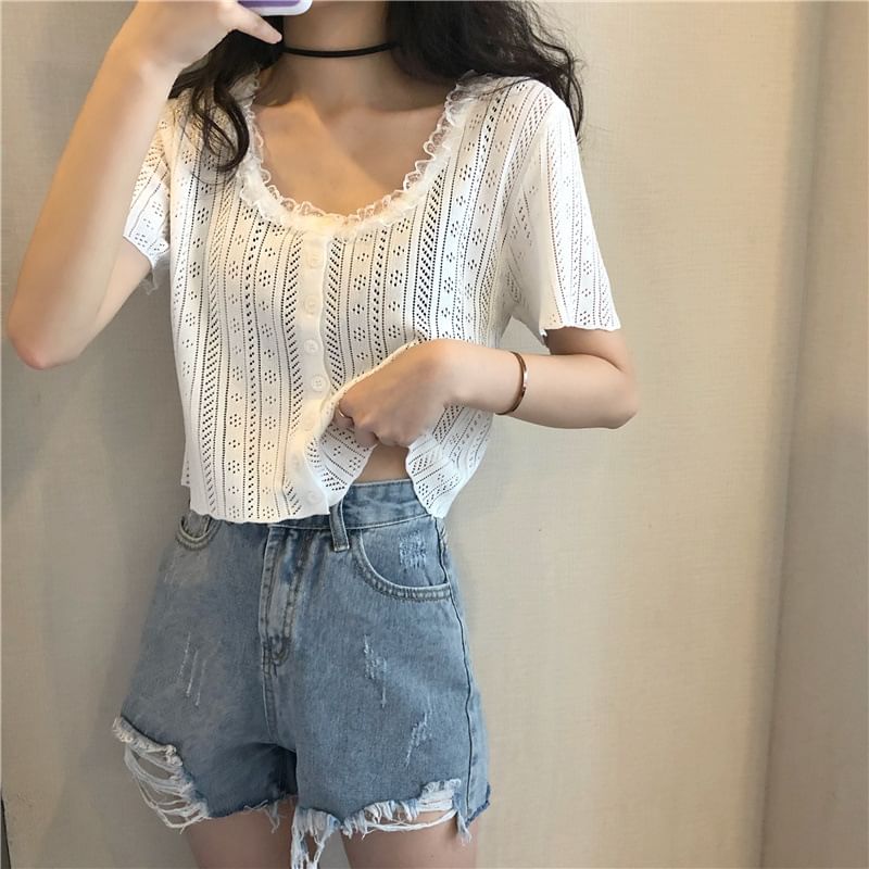 Pointelle Crop Knit Top with Lace Trim