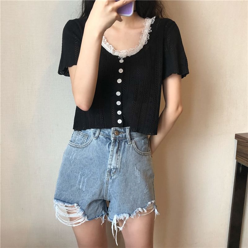 Pointelle Crop Knit Top with Lace Trim