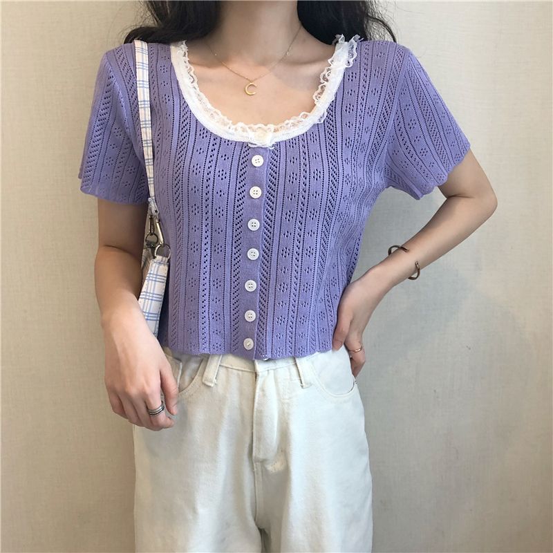 Pointelle Crop Knit Top with Lace Trim