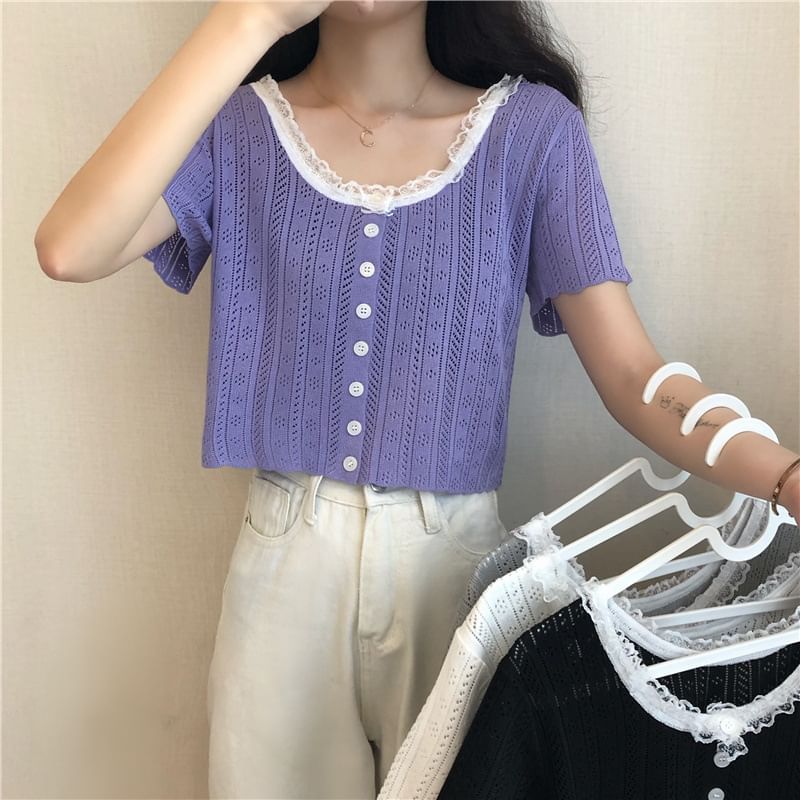 Pointelle Crop Knit Top with Lace Trim