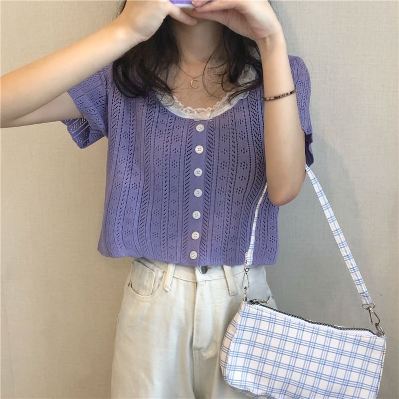 Pointelle Crop Knit Top with Lace Trim