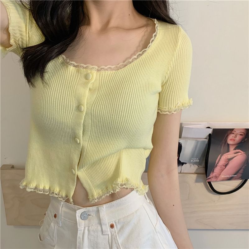 Scoop Neck Ribbed Lace Trim Knit Crop Tee - Sleeved
