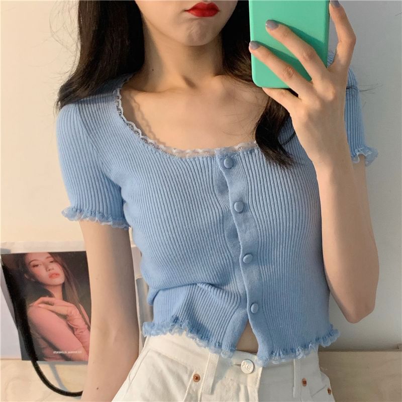 Scoop Neck Ribbed Lace Trim Knit Crop Tee - Sleeved