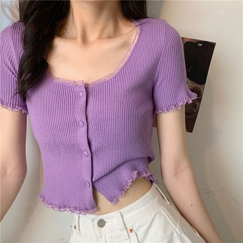 Scoop Neck Ribbed Lace Trim Knit Crop Tee - Sleeved