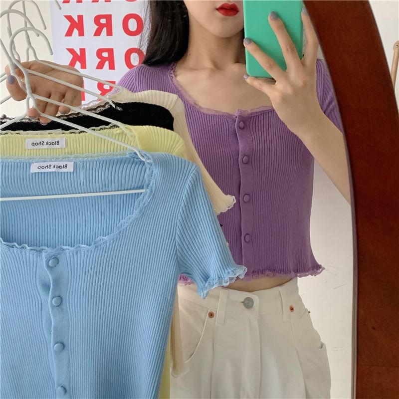 Scoop Neck Ribbed Lace Trim Knit Crop Tee - Sleeved