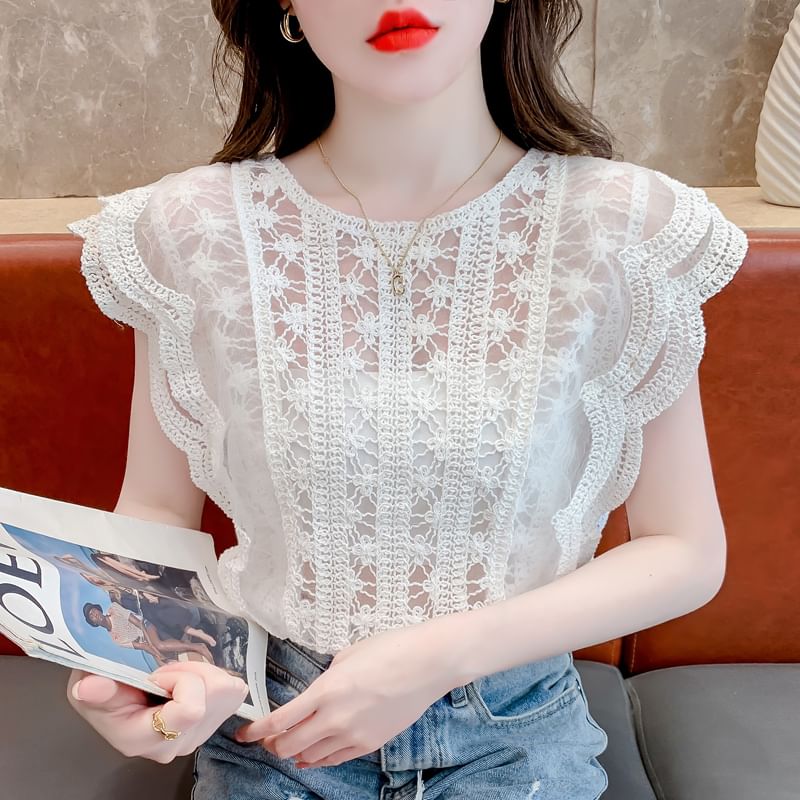 Crewneck Lace Tee - Cap Sleeved