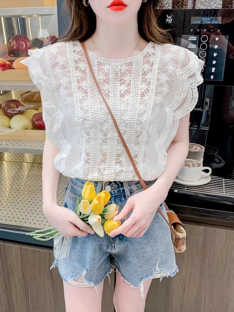 Crewneck Lace Tee - Cap Sleeved