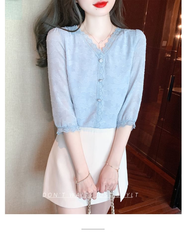 V-Neck Lace Trim Plain Top - Three-Quarter Sleeve