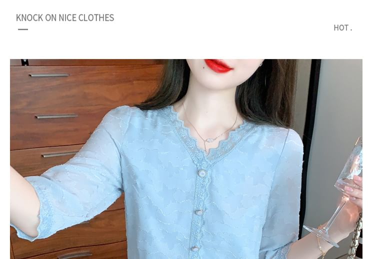 V-Neck Lace Trim Plain Top - Three-Quarter Sleeve