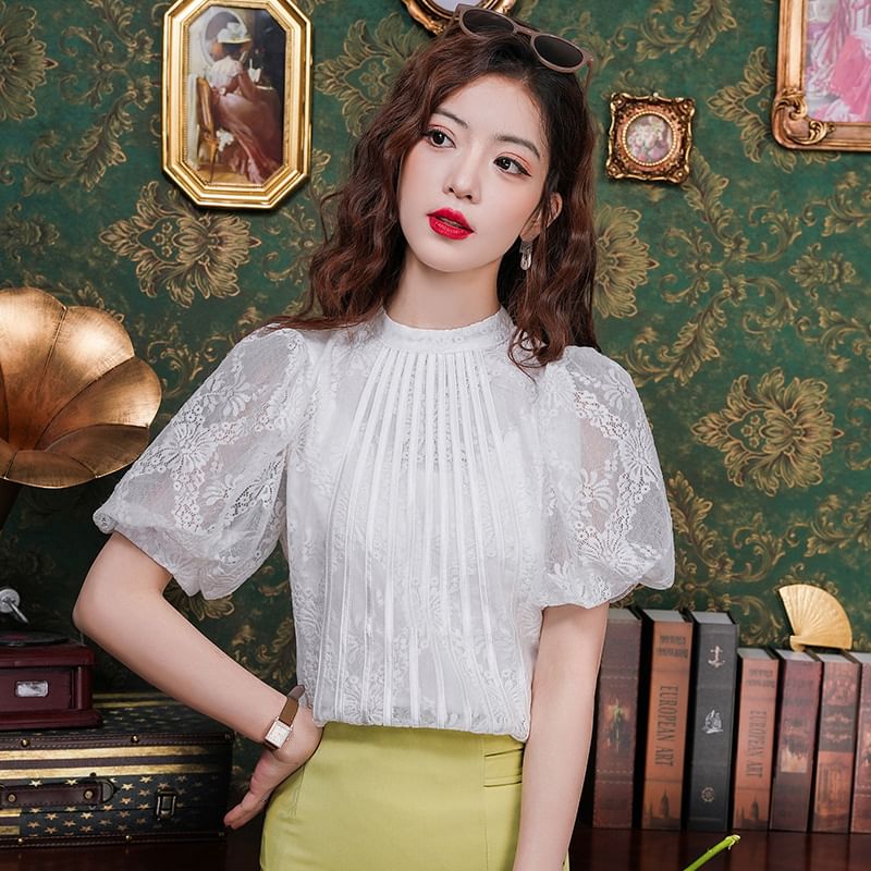 Crewneck Lace Blouse - Puff Sleeved