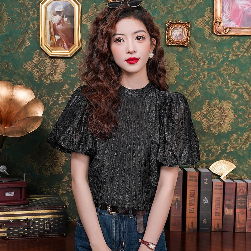 Crewneck Lace Blouse - Puff Sleeved