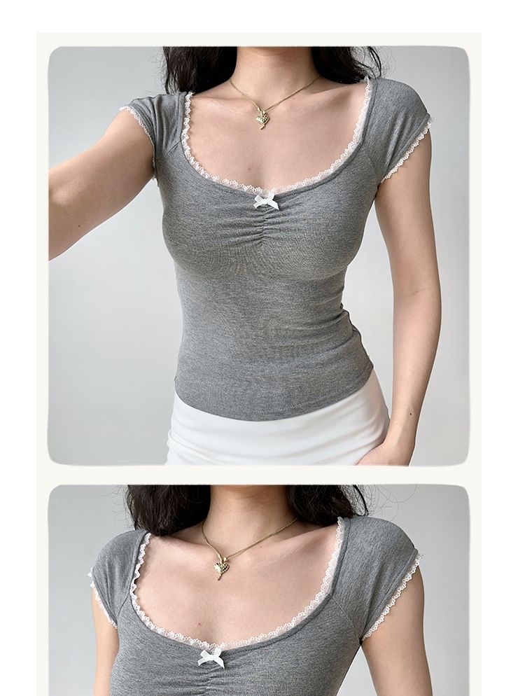 Square Neck Bowknot Lace Trim Tee - Short Sleeved