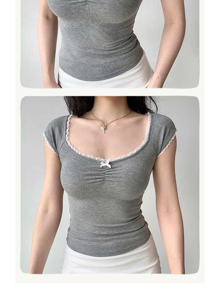 Square Neck Bowknot Lace Trim Tee - Short Sleeved