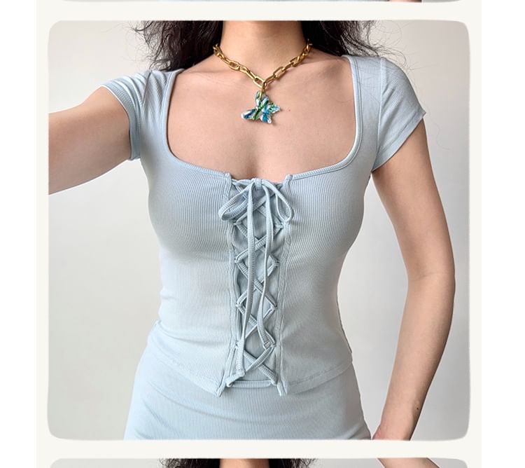 Scoop Neck Ribbed Lace Up Crop Tee - Short Sleeved