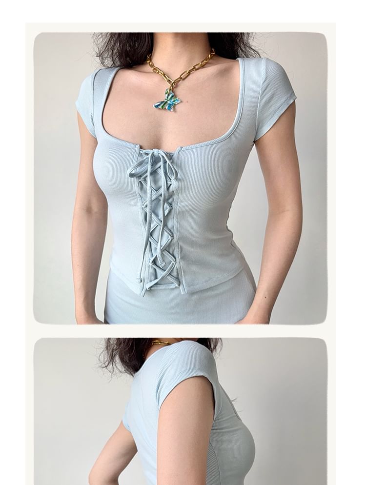 Scoop Neck Ribbed Lace Up Crop Tee - Short Sleeved