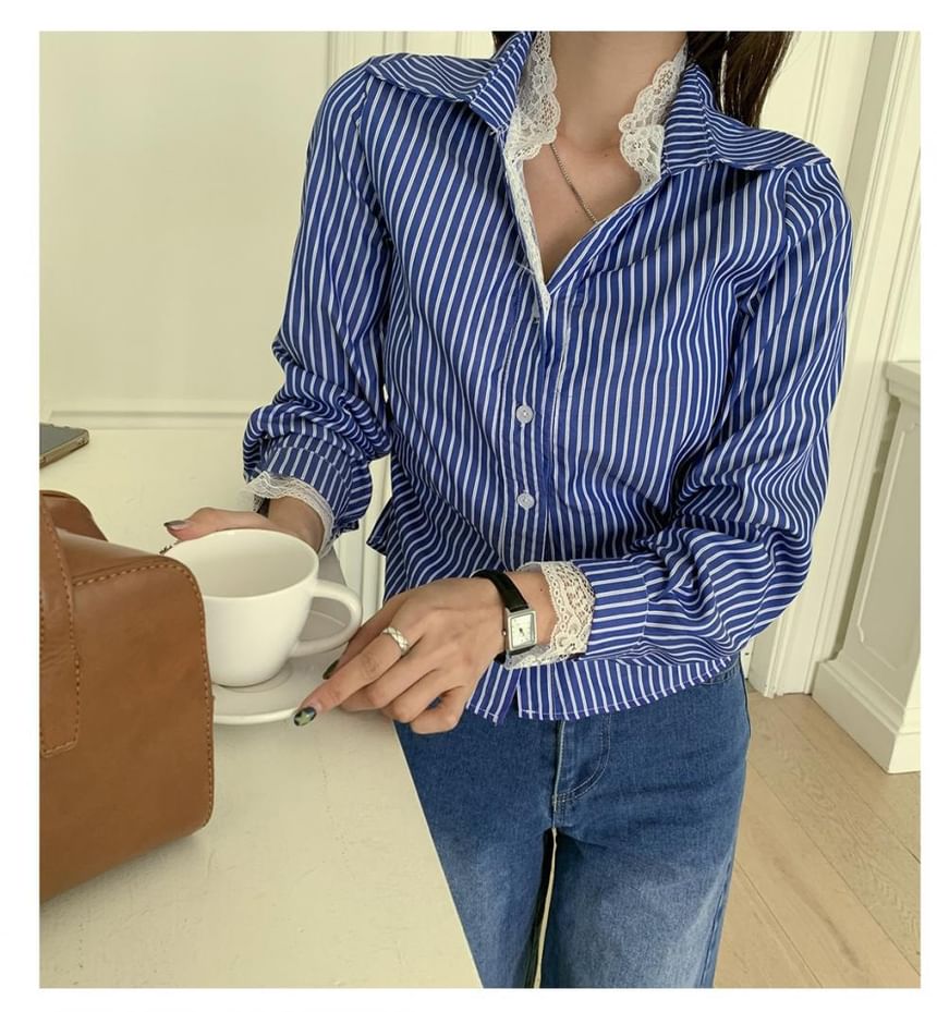 Collared Mock Two Piece Panel Lace Shirt - Long Sleeved