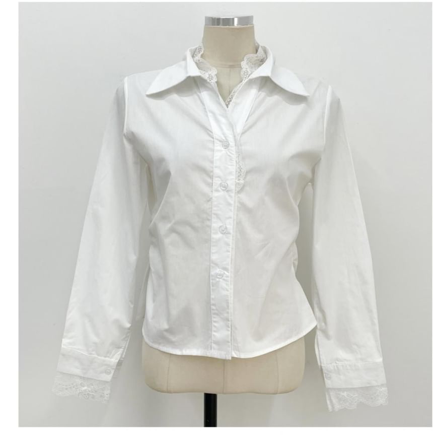 Collared Mock Two Piece Panel Lace Shirt - Long Sleeved