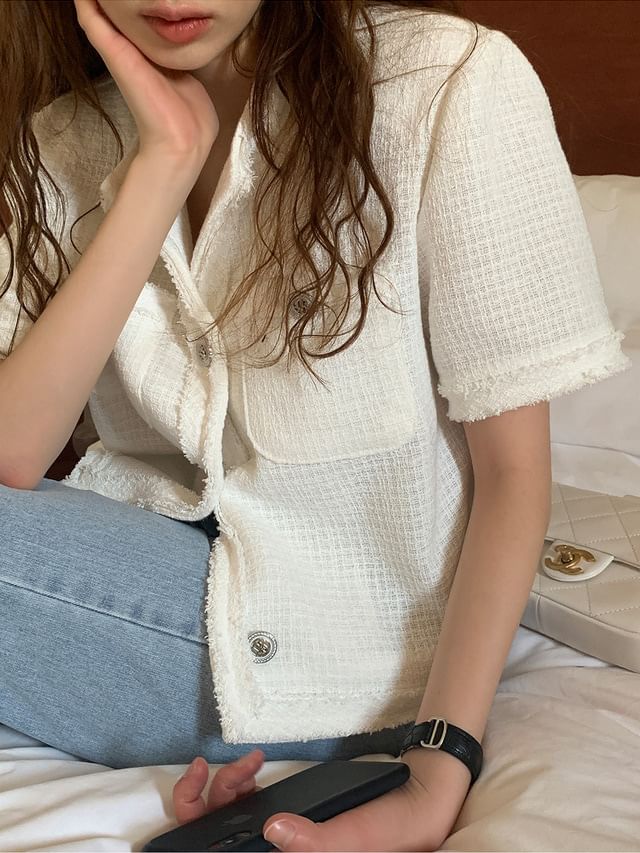 Short Sleeve Round Neck Plain Fray Tweed Button Jacket