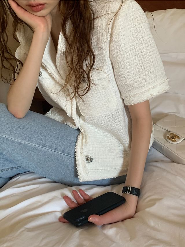 Short Sleeve Round Neck Plain Fray Tweed Button Jacket