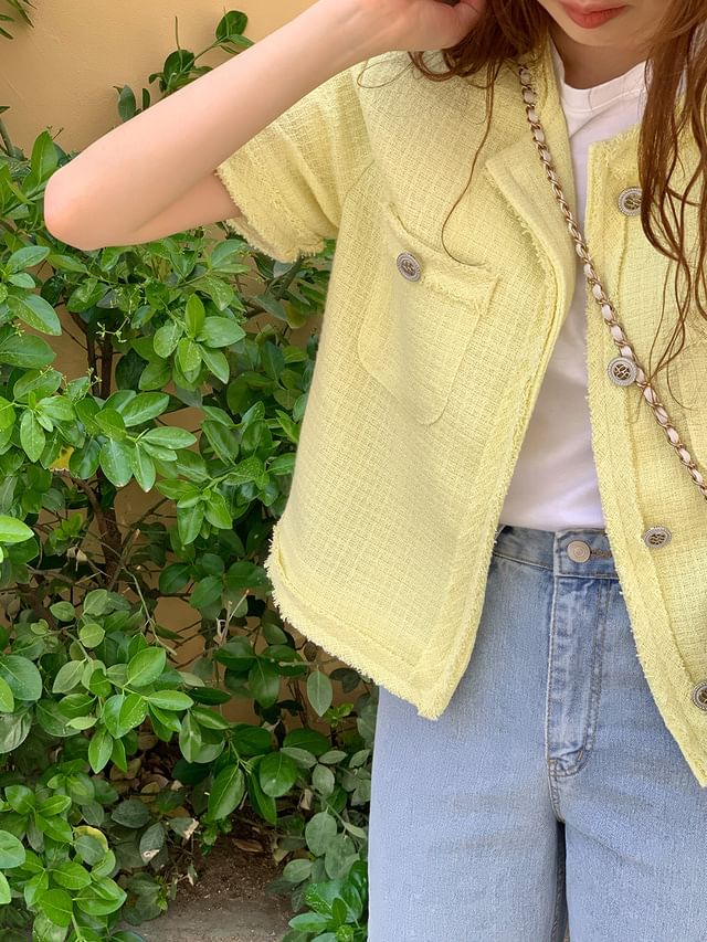 Short Sleeve Round Neck Plain Fray Tweed Button Jacket