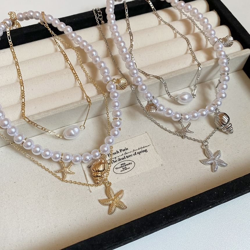 Pendant Pearl + Faux of 3: Choker Set Alloy Starfish Necklace