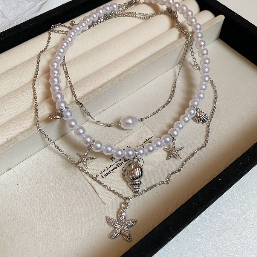 Pendant Pearl + Faux of 3: Choker Set Alloy Starfish Necklace