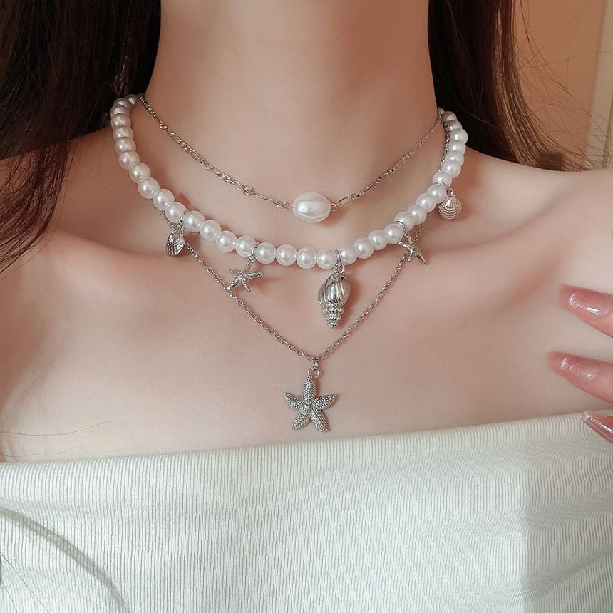 Pendant Pearl + Faux of 3: Choker Set Alloy Starfish Necklace