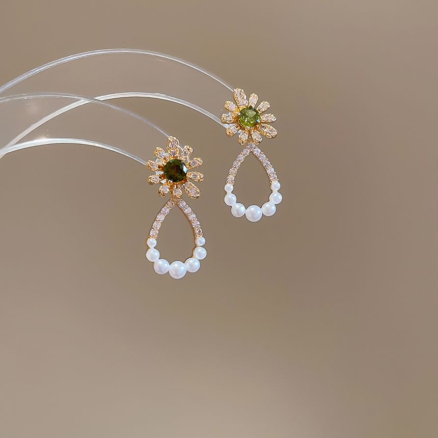 Floral Rhinestone Faux Pearl Alloy Drop Earring