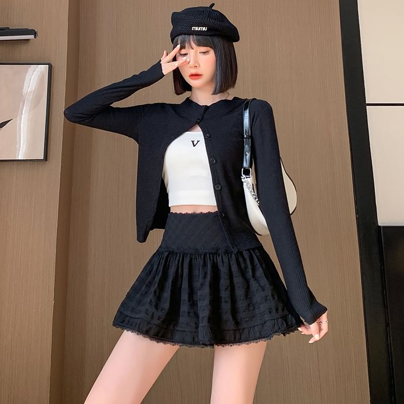 Lace Skirt High A-Line Trim Plain Waist Mini