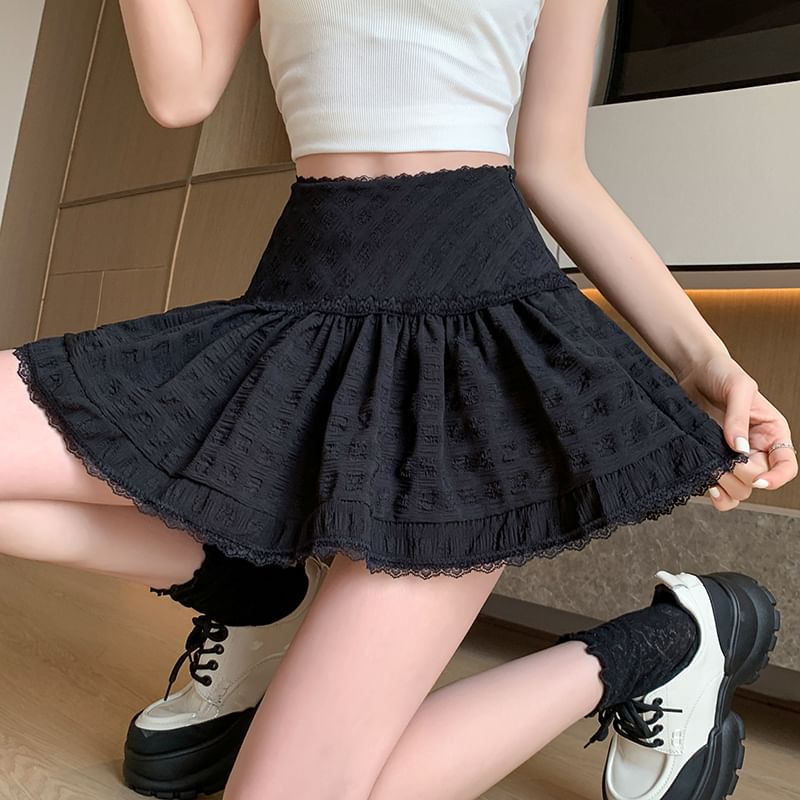 Lace Skirt High A-Line Trim Plain Waist Mini