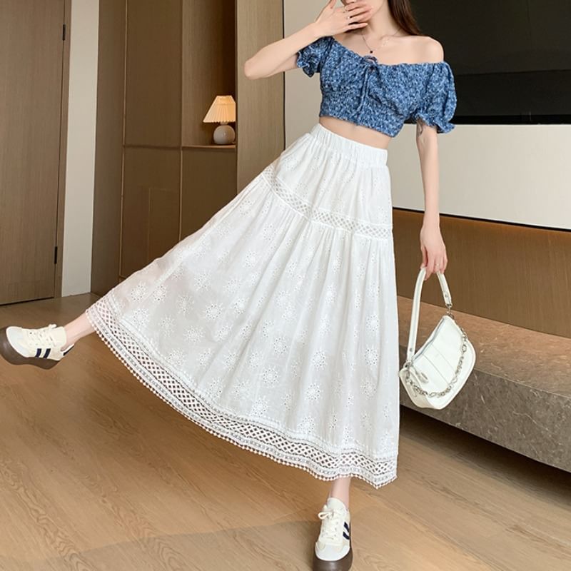 Waist Plain Midi Designs) A-Line Embroidered Elastic Skirt (Various