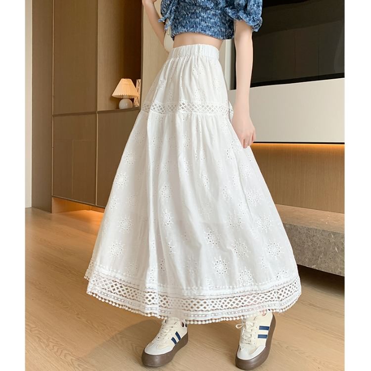 Waist Plain Midi Designs) A-Line Embroidered Elastic Skirt (Various