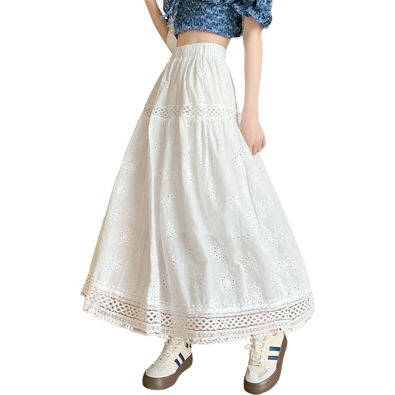 Waist Plain Midi Designs) A-Line Embroidered Elastic Skirt (Various
