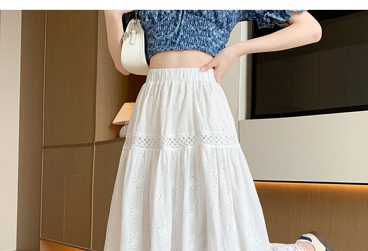 Waist Plain Midi Designs) A-Line Embroidered Elastic Skirt (Various