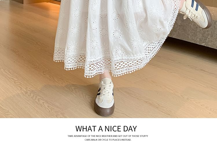 Waist Plain Midi Designs) A-Line Embroidered Elastic Skirt (Various