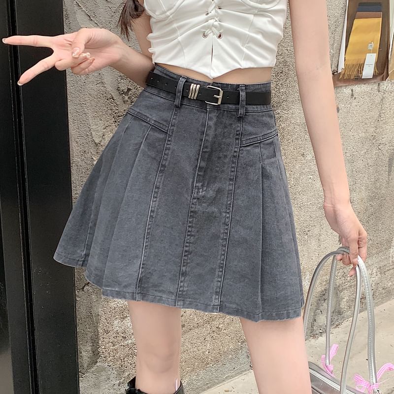 High Skirt Rise Denim Mini A-Line Pleated