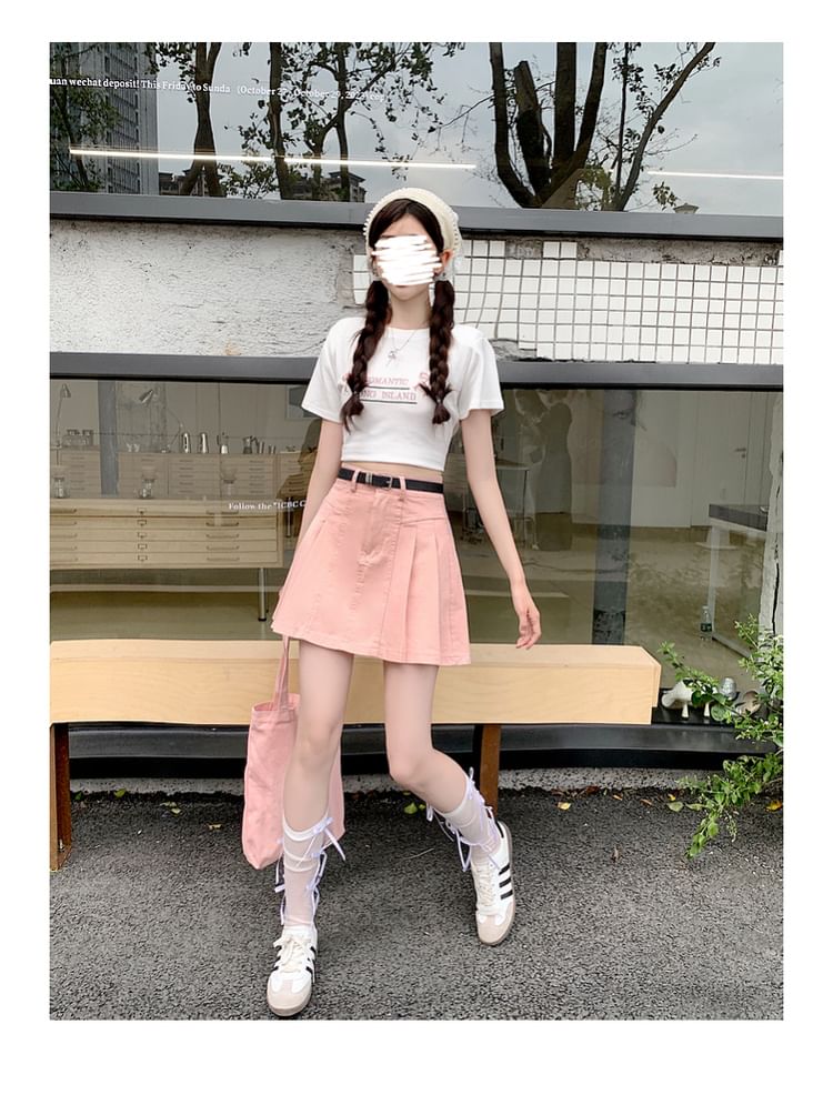 High Skirt Rise Denim Mini A-Line Pleated