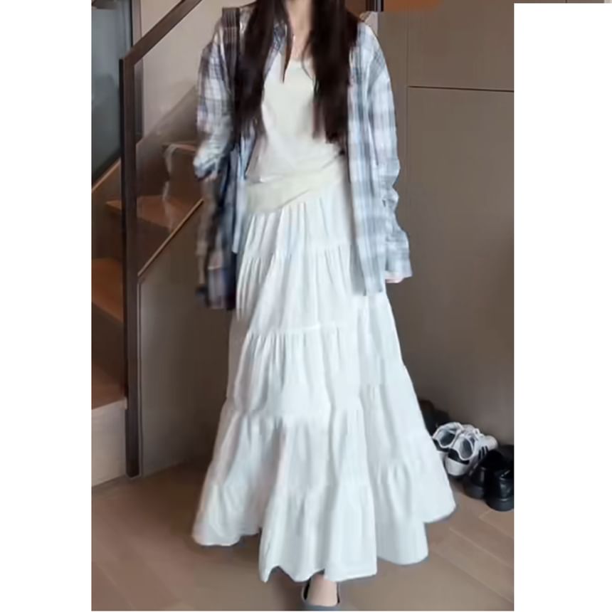 Tiered Skirt Elastic Waist A-Line Midi Plain