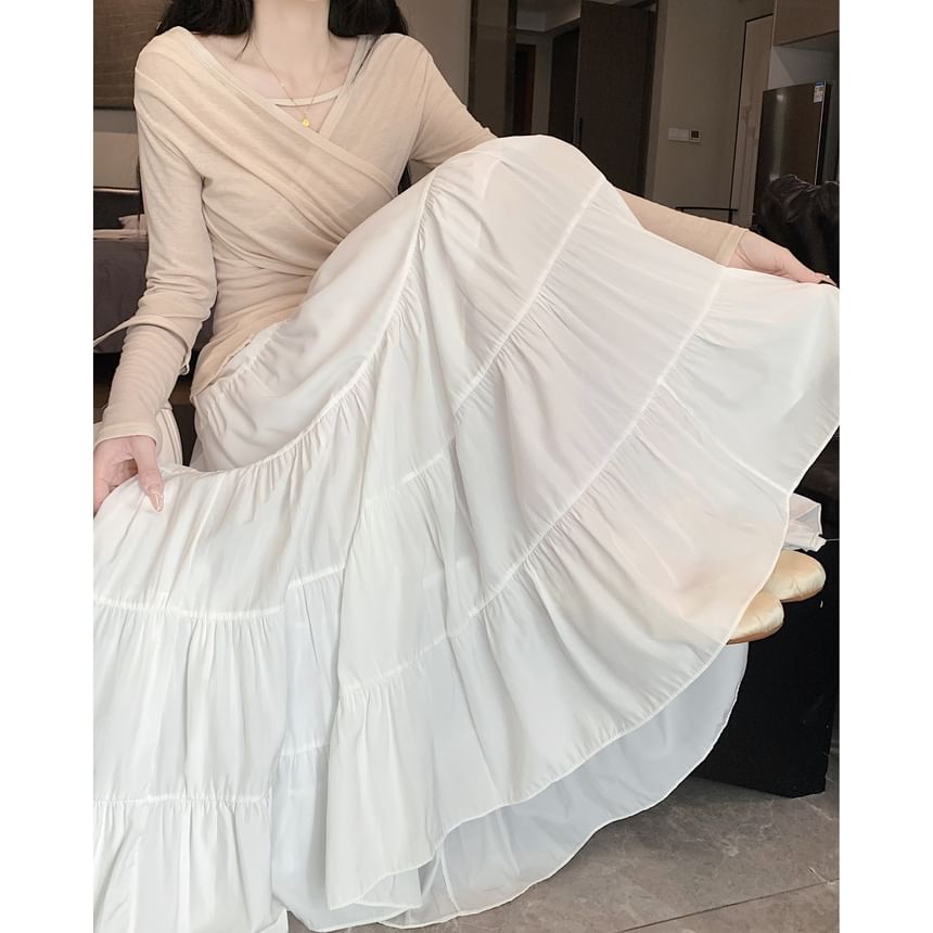 Tiered Skirt Elastic Waist A-Line Midi Plain