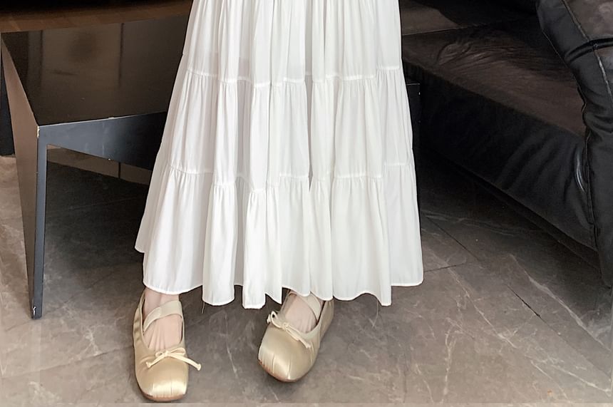 Tiered Skirt Elastic Waist A-Line Midi Plain