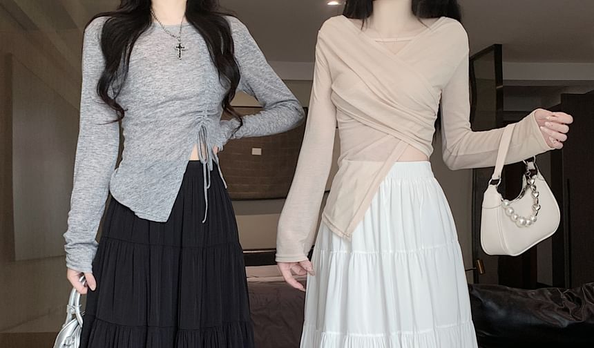 Tiered Skirt Elastic Waist A-Line Midi Plain