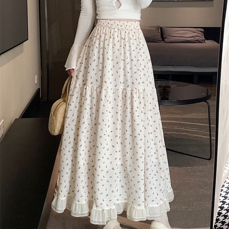 Midi Elastic A-Line Waist Skirt Floral