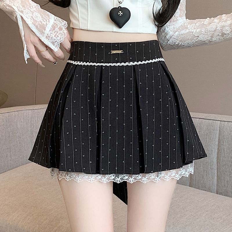 High Mini Print Lace Panel Waist A-Line Heart Skirt Bow